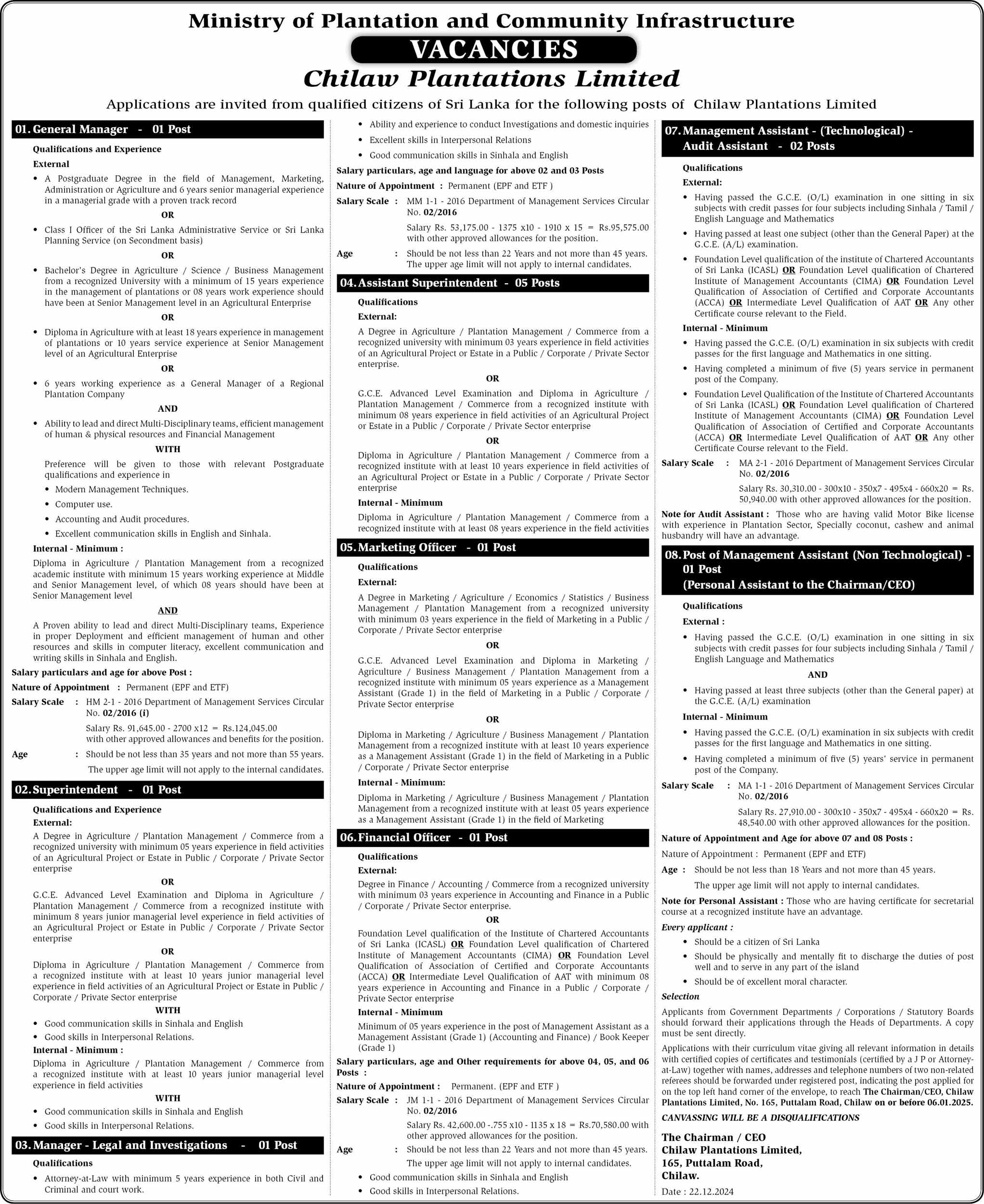 Vacancies at Chilaw Plantations Limited (CPL) – 2025