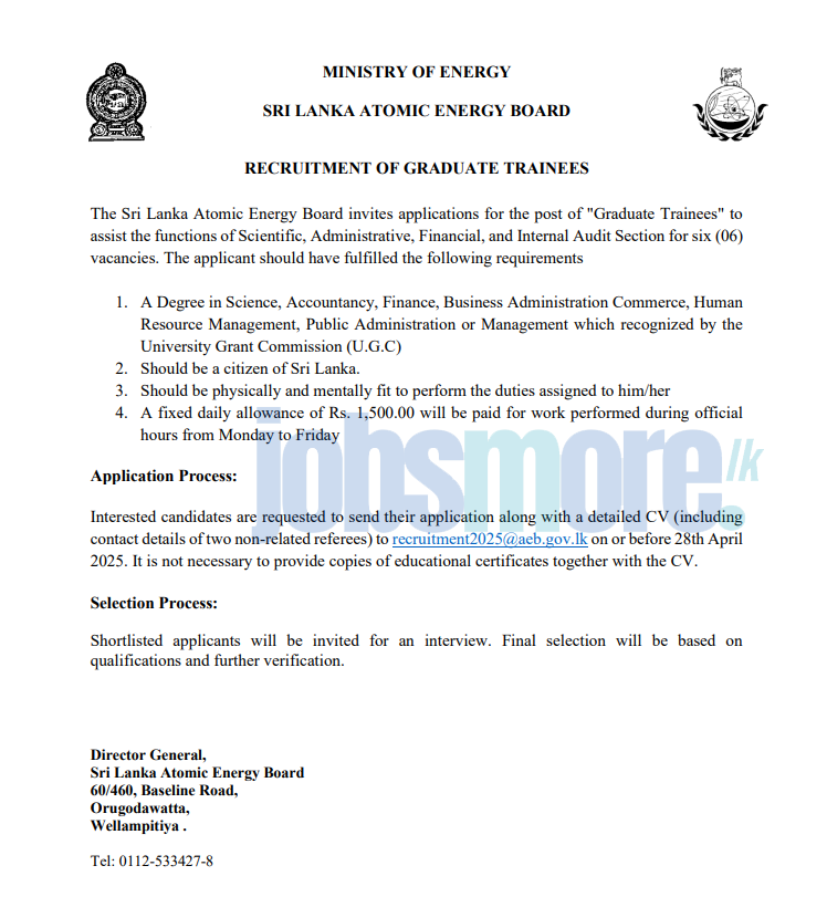 Sri Lanka Atomic Energy Board (SLAEB) Job Vacancies